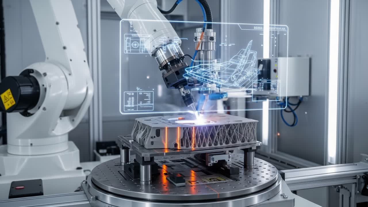 Advanced Robotic Arm Performing Precision Fabrication with 3D Visualization in a High-Tech Manufacturing Environment