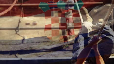 animation of flag of croatia waving over soldier exercising