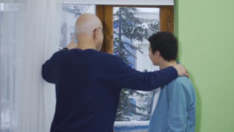 the old grandfather brings his grandson to the window and tells his memories of his past in the view of falling snow.