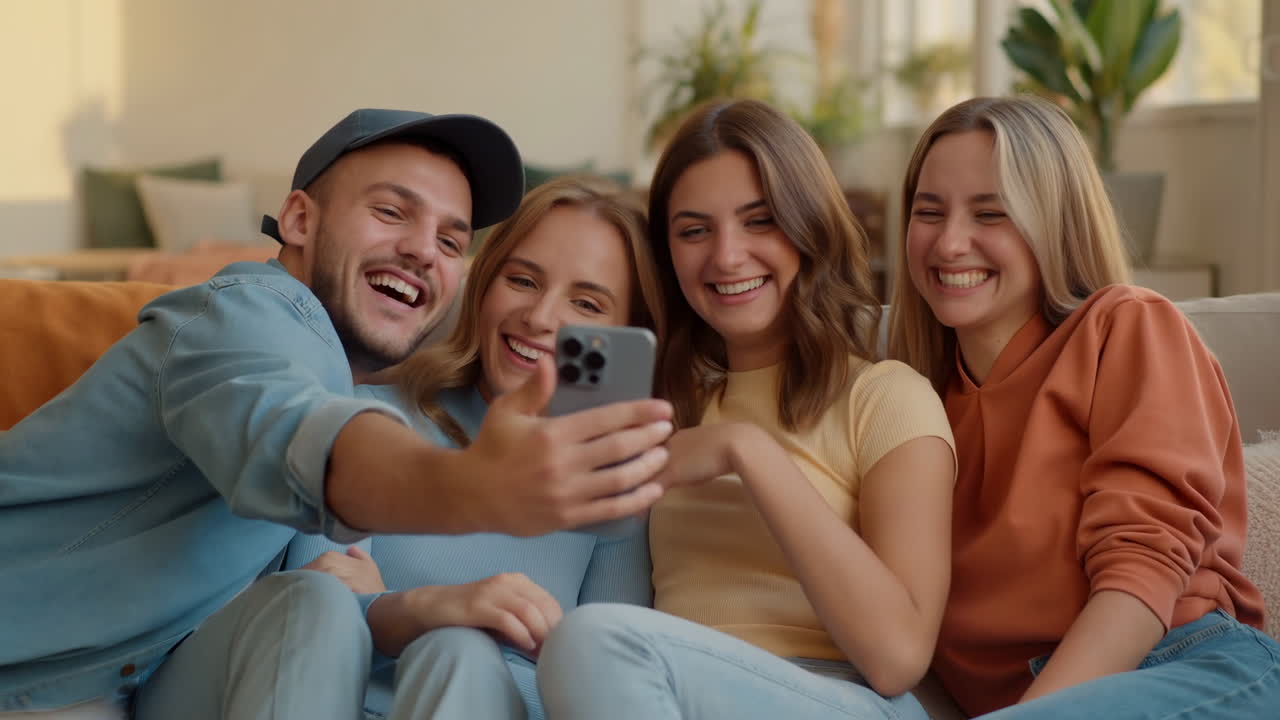 Giovani amici felici che ridono e guardano lo smartphone sul divano