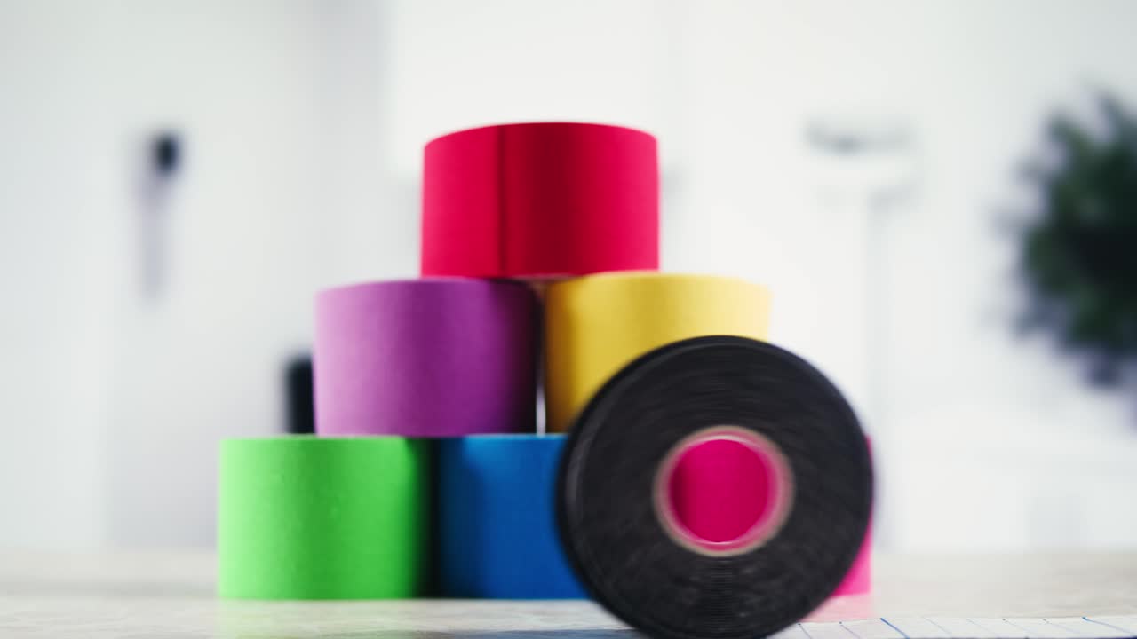 Kinesiology medical taping, doctor Physical therapist applying elastic surgical tape to patient body, treating injured knee young athlete.Post traumatic rehabilitation, sport physical therapy recovery