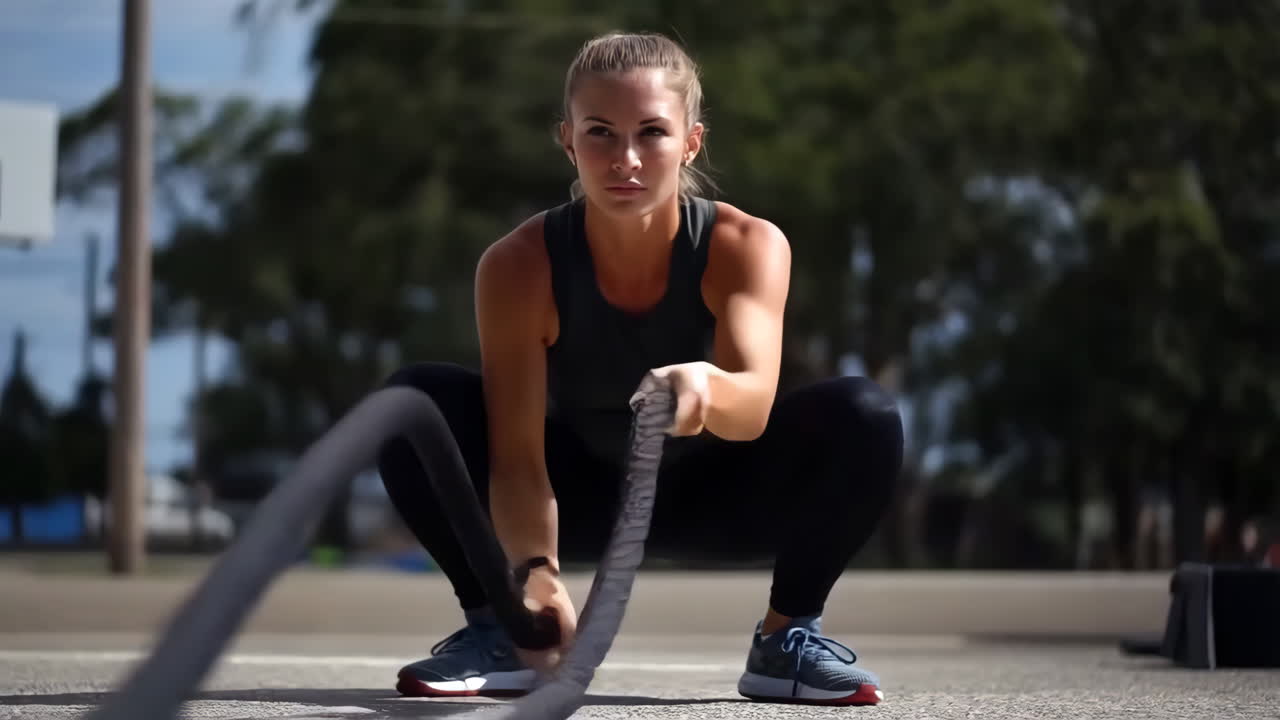 mujer haciendo ejercicio con cuerdas de batalla al aire libre