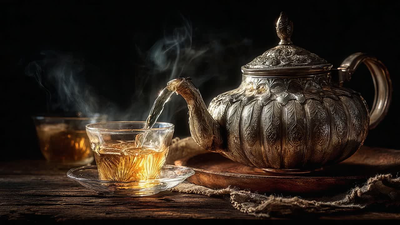 Hienostunut hopeinen teepannu kaataa aromaattista teetä herkkään lasikuppiin, tuoden esiin höyryn ja lämmön kodikkaassa ympäristössä