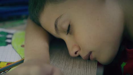 niño cansado hace la tarea por la noche y duerme en el escritorio