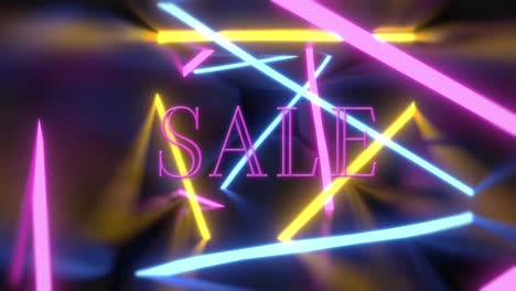 animation of sale text over neon shapes on dark background