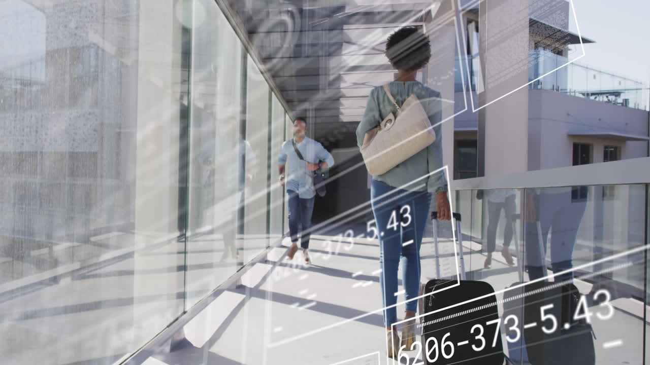 Animation of graphs, loading circles, changing numbers, biracial man running in corridor