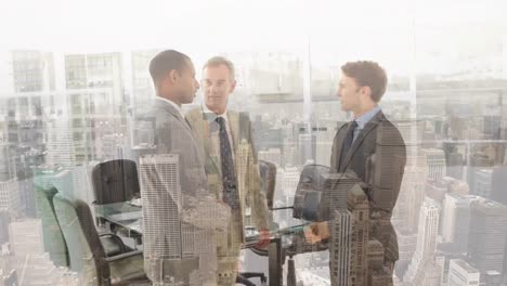 digital composition of diverse businessmen shaking hands at office against aerial view of cityscape