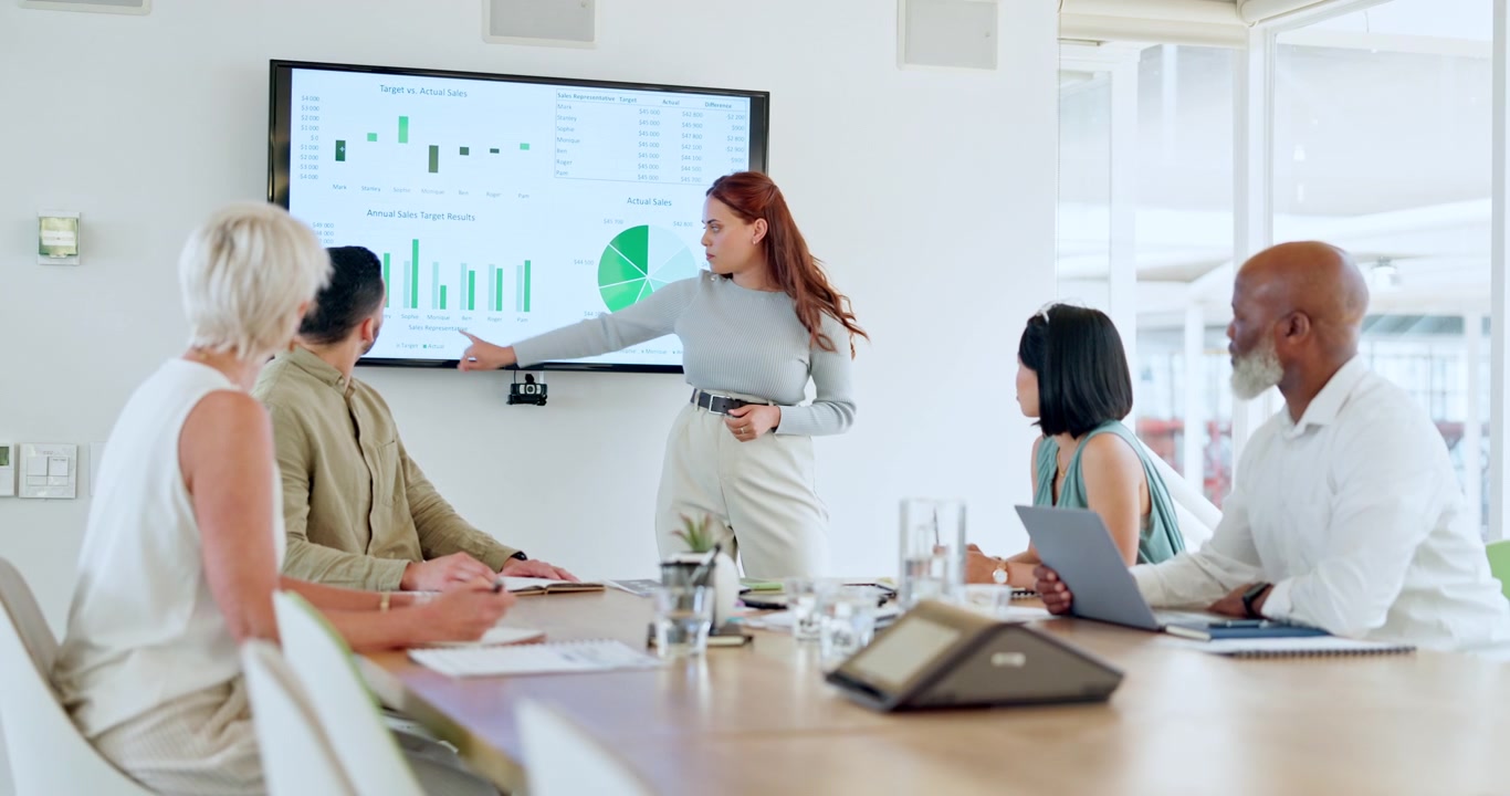 Businesswoman Presenting Sales Data to Diverse Team in Office Meeting
