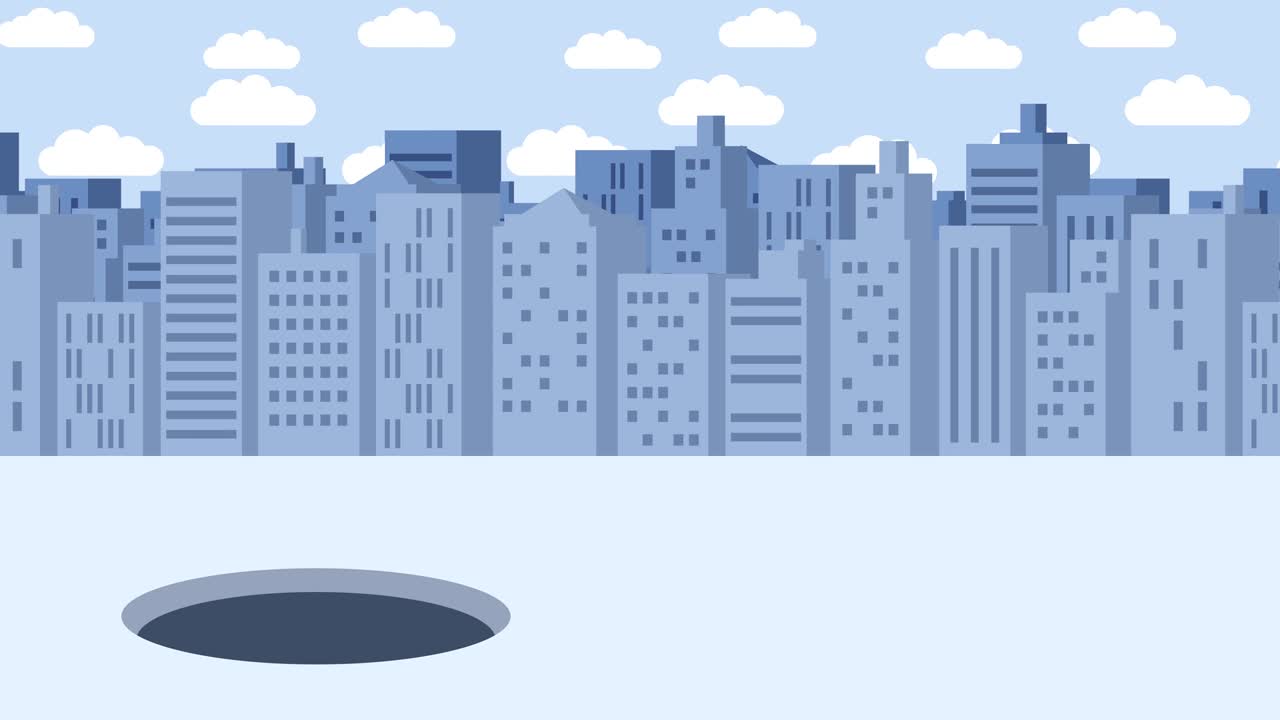 Donna d'affari che cade nel buco. Sfondo di edifici. Concetto di rischio. Illustrazione in loop in stile piatto.