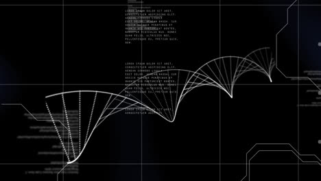 animación digital de la estructura del adn girando contra el procesamiento de datos en fondo azul
