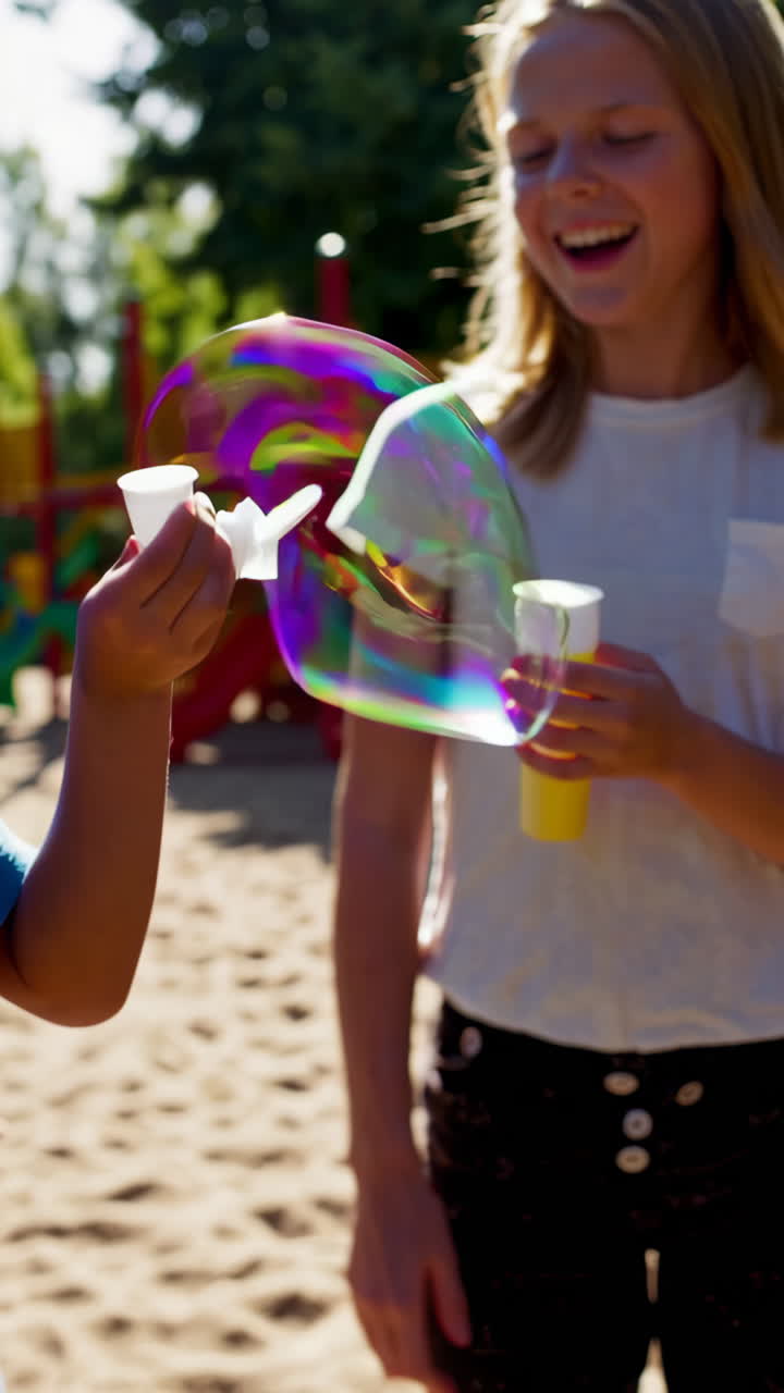 Children playing with bubbles at a sunny playground