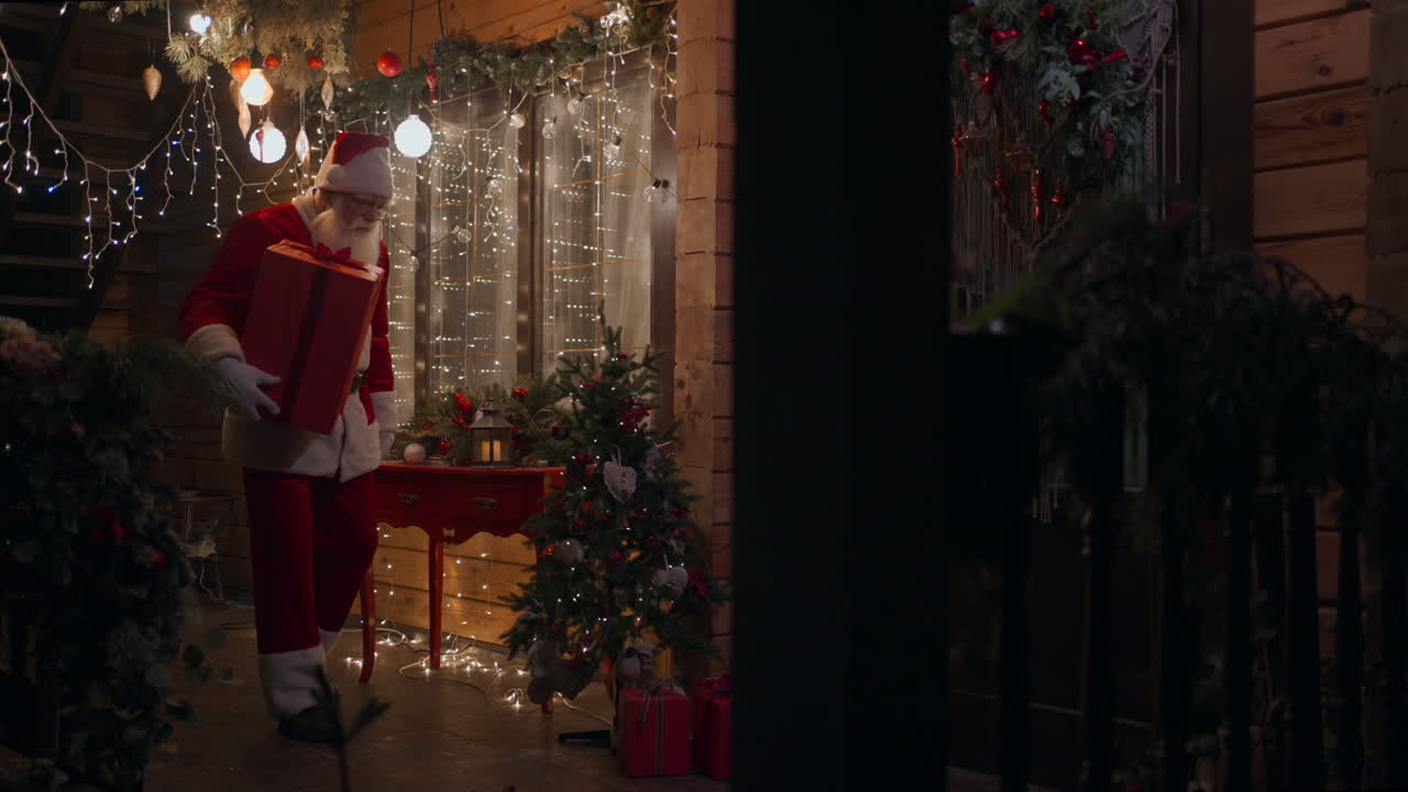 사이드 뷰 산타클로스는 길거리에서 겨울에 손에 선물을 들고 와서 문에 와서 꽃걸이와 크리스마스 장식으로 집에 들어갑니다. 12 월 크리스마스 이브에