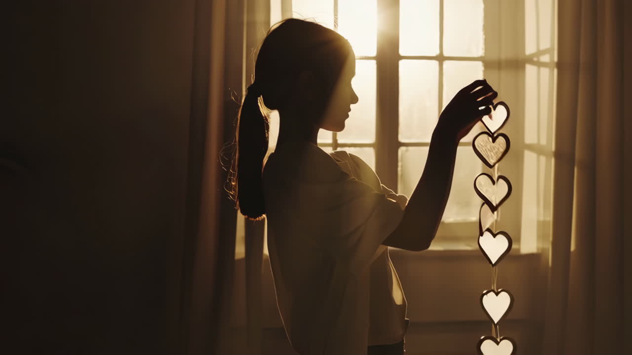 Silhouette of a girl holding heart decorations in front of a sunlit window