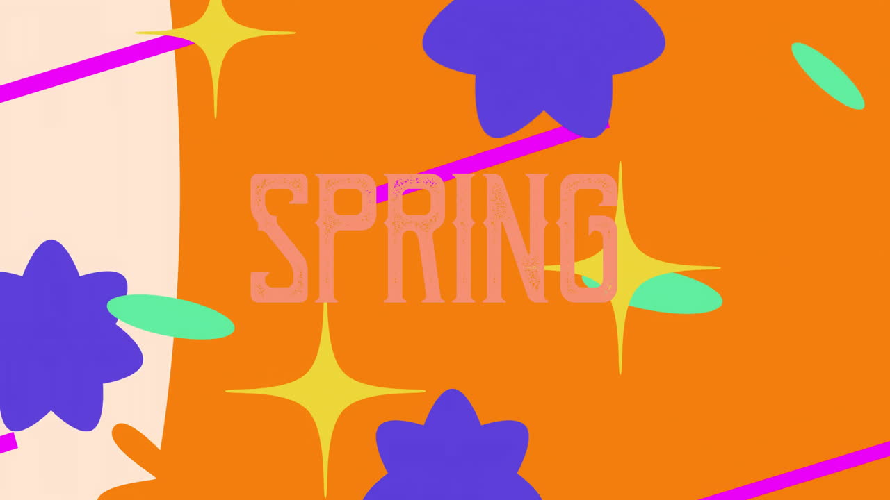 Spring text animation over colorful flowers and stars on white background