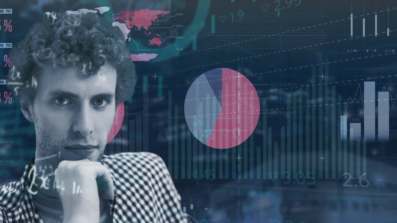 animación de las estadísticas y el procesamiento de datos financieros sobre el hombre caucásico