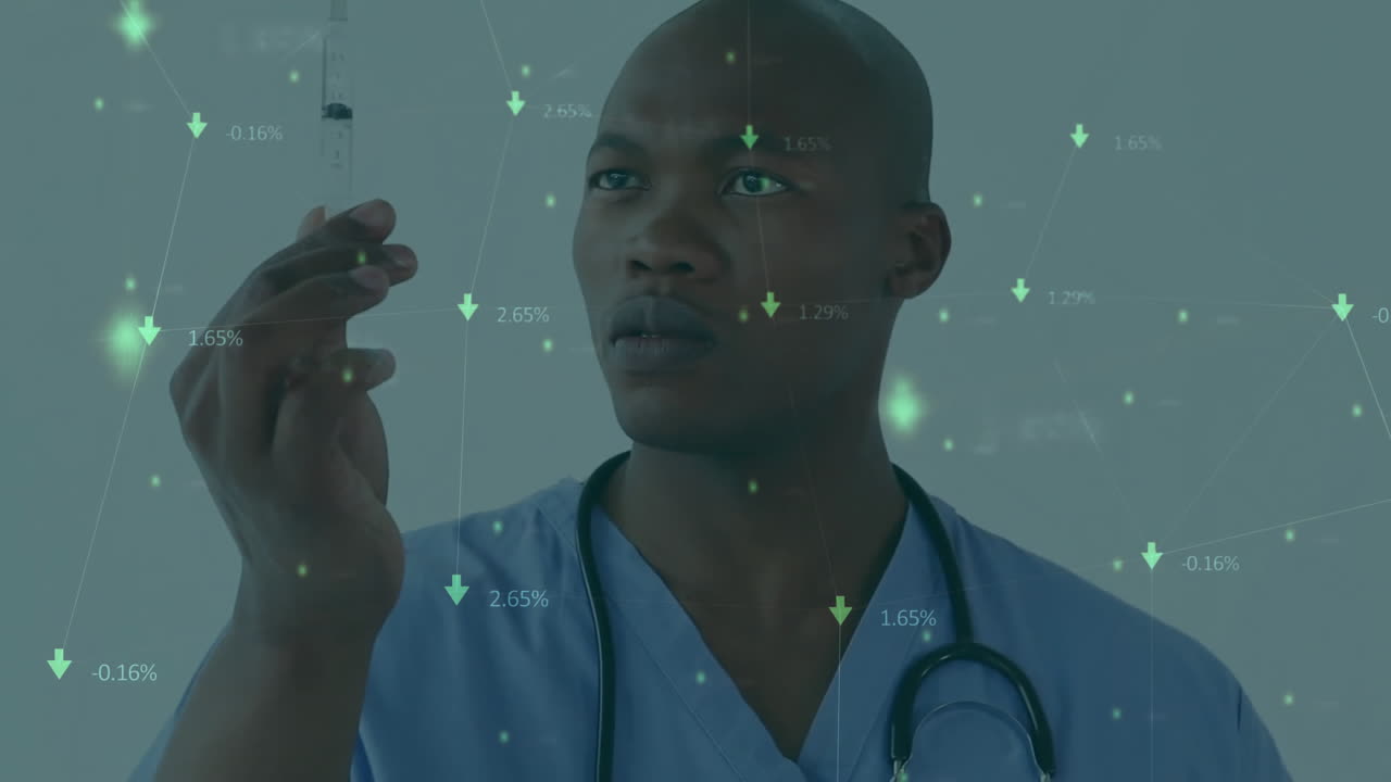 Animation of data processing and arrows over african american male doctor with syringe