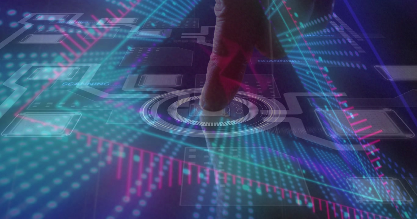 Right index finger approaching triangle, pressing center, sliding circuit, revealing tech data