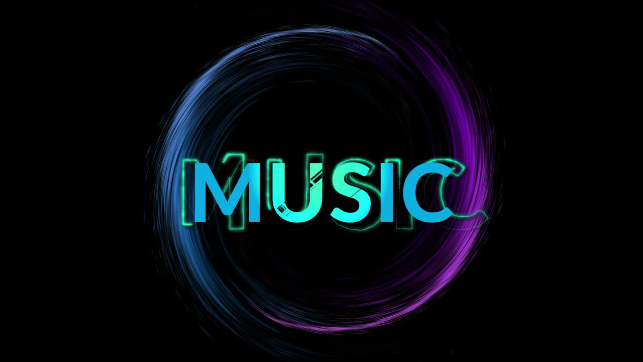 Animation des blauen Textes „Musik“ und eines Kreises aus Lichtspuren auf schwarzem Hintergrund