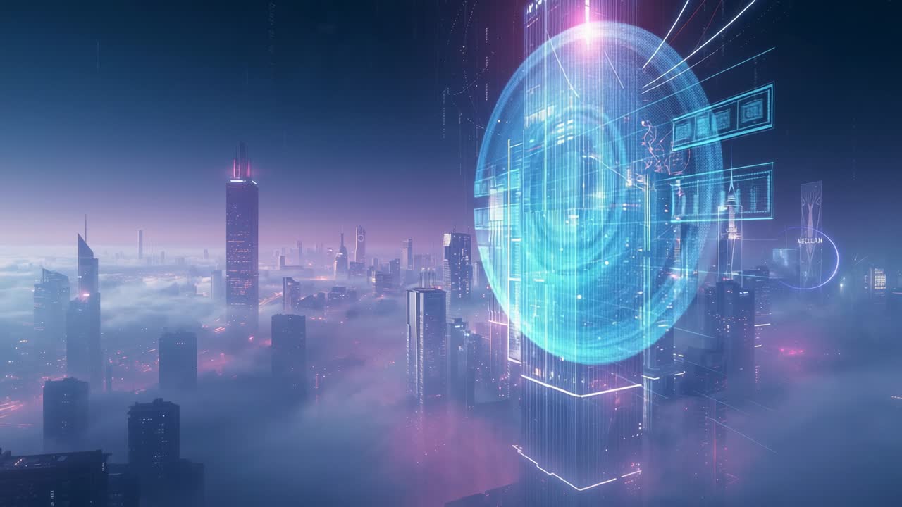 Rippling circuitry initiating holographic sphere rising fog amid towers showing panels, copy space