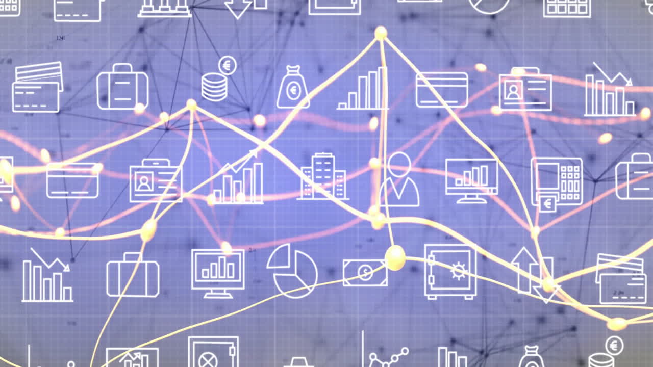 Digital finance network flowing over blue grid, showing white icons and glowing data lines
