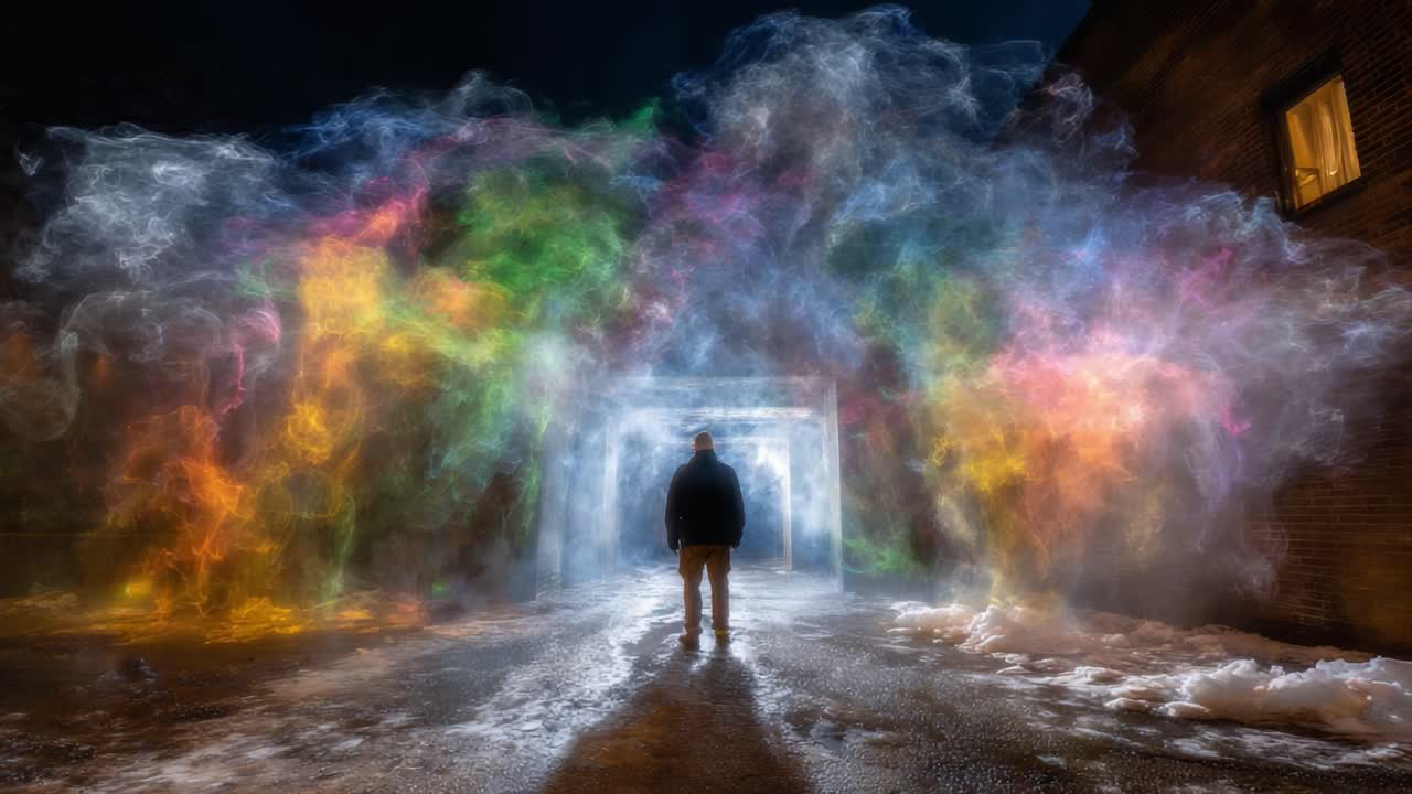 A Surreal Encounter with Vibrant Colors and Mist: A Mystical Figure Stands Amidst a Dramatic Atmospheric Display of Colorful Fog in a Dark Urban Setting