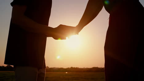 una pareja tomándose de la mano al atardecer.