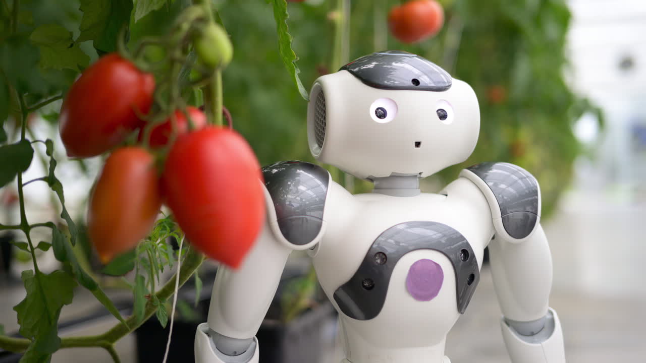 Humanoid robot standing near rows of tomatoes in a greenhouse farm