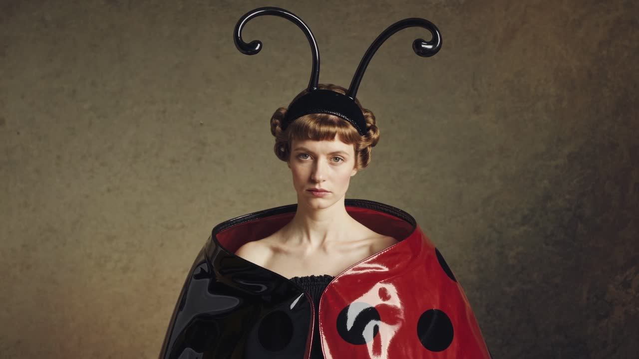 Female fashion model wearing ladybug inspired costume, featuring red black polka dot cape, posing dramatically with raised antennae against textured studio backdrop