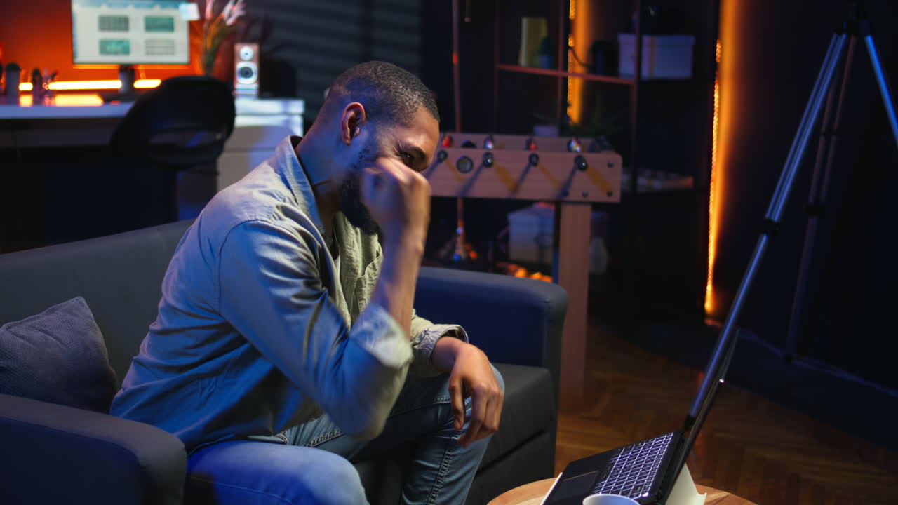 Vertical Video African american person being happy and proud with his project achievement