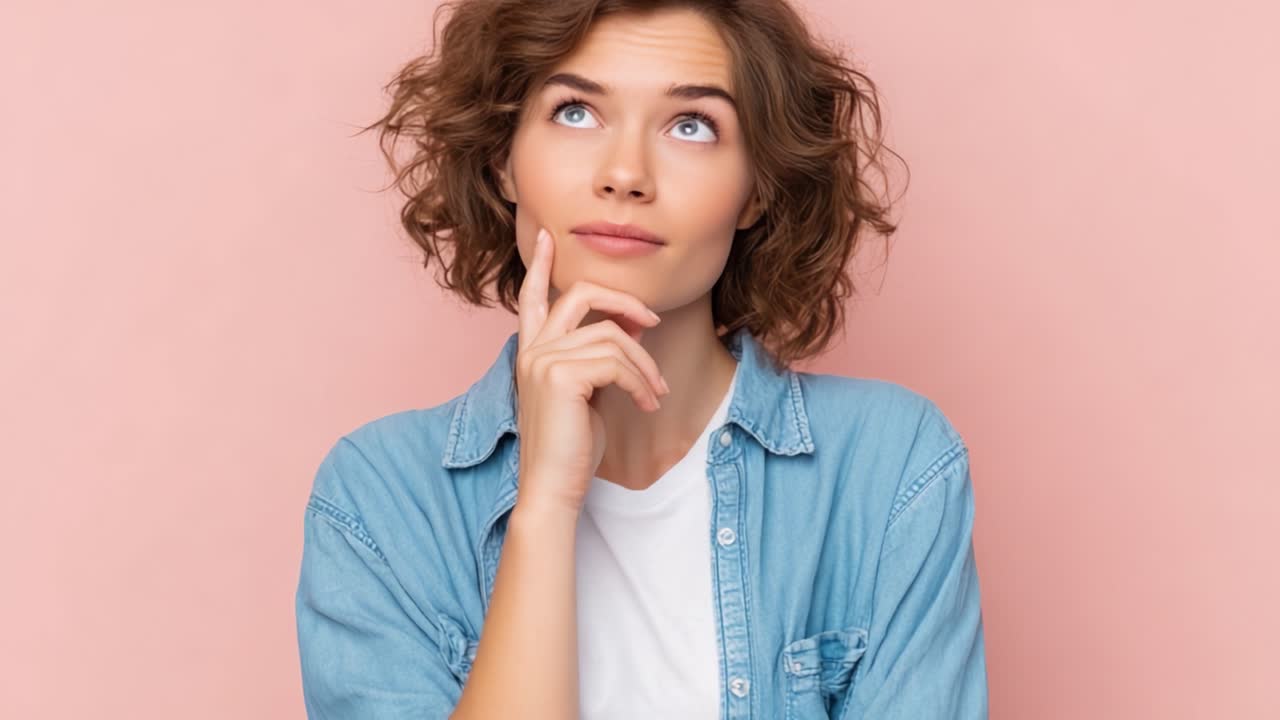 Giovane donna pensierosa con i capelli ricci e camicia di jeans, che riflette su qualcosa di importante su uno sfondo rosa tenue, trasmettendo introspezione e curiosità.