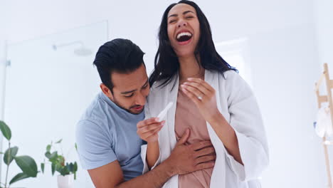 smile, excited and couple with positive pregnancy