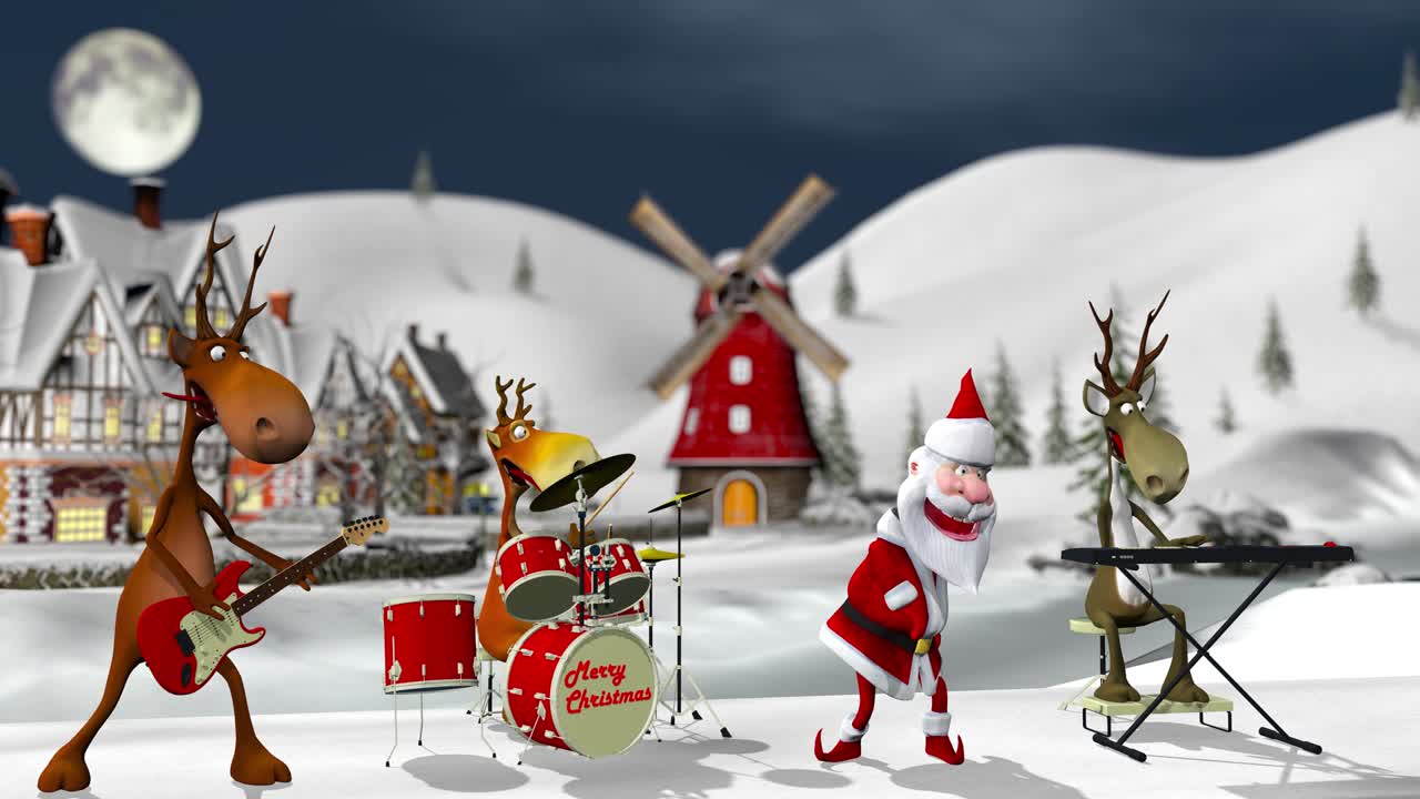 재미있는 미치광이 산타클로스와 사은 크리스마스 겨울 마을에서 악기를 연주합니다. 크리스마스와 새해의 개념, 원활한 루프 크리스마스 애니메이션.