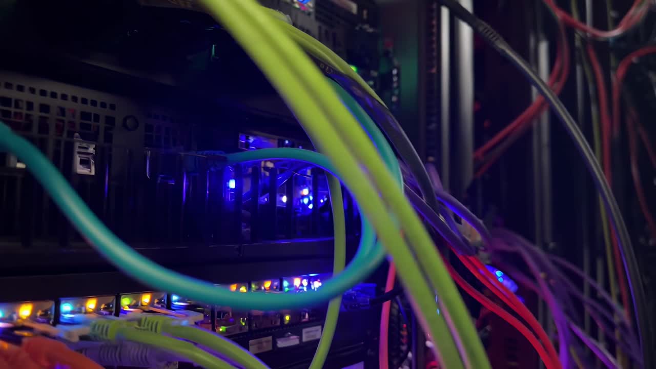 Close-up video of colorful network cables and server lights, angled from below