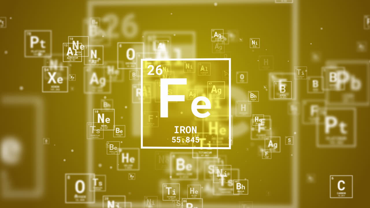Iron Fe icon structure chemical element square shape. Chemical element of periodic table sign with atomic number. Looped motion graphic on red background.