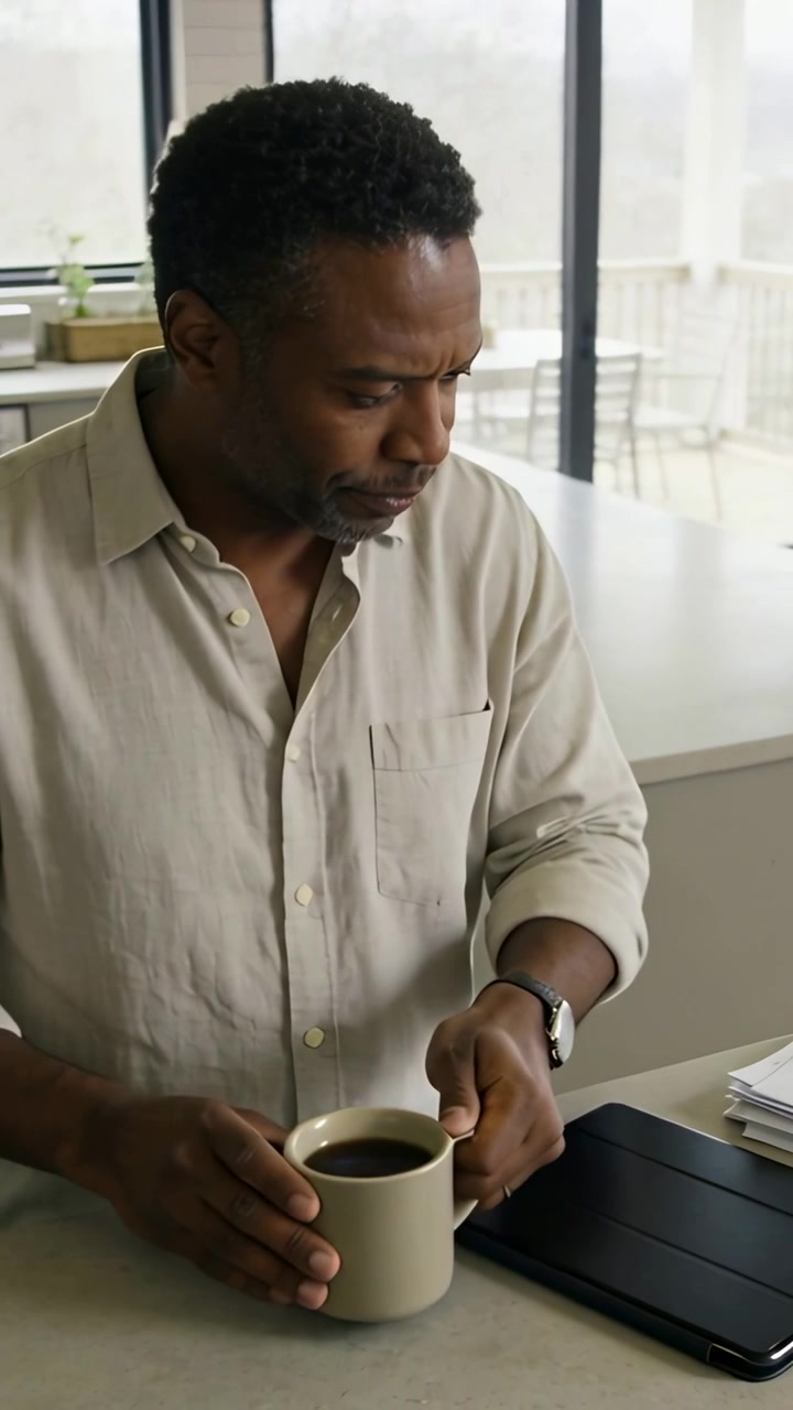 Vertical video: Lifting beige mug man in shirt in kitchen sorting papers and tablet prepping work