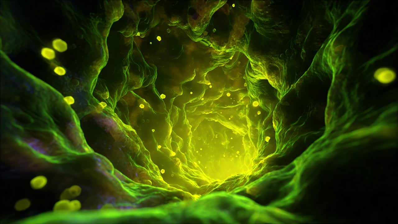 Visualização abstrata de uma estrutura de túnel verde luminosa com partículas flutuantes e efeitos de iluminação etéreos, criando uma atmosfera misteriosa