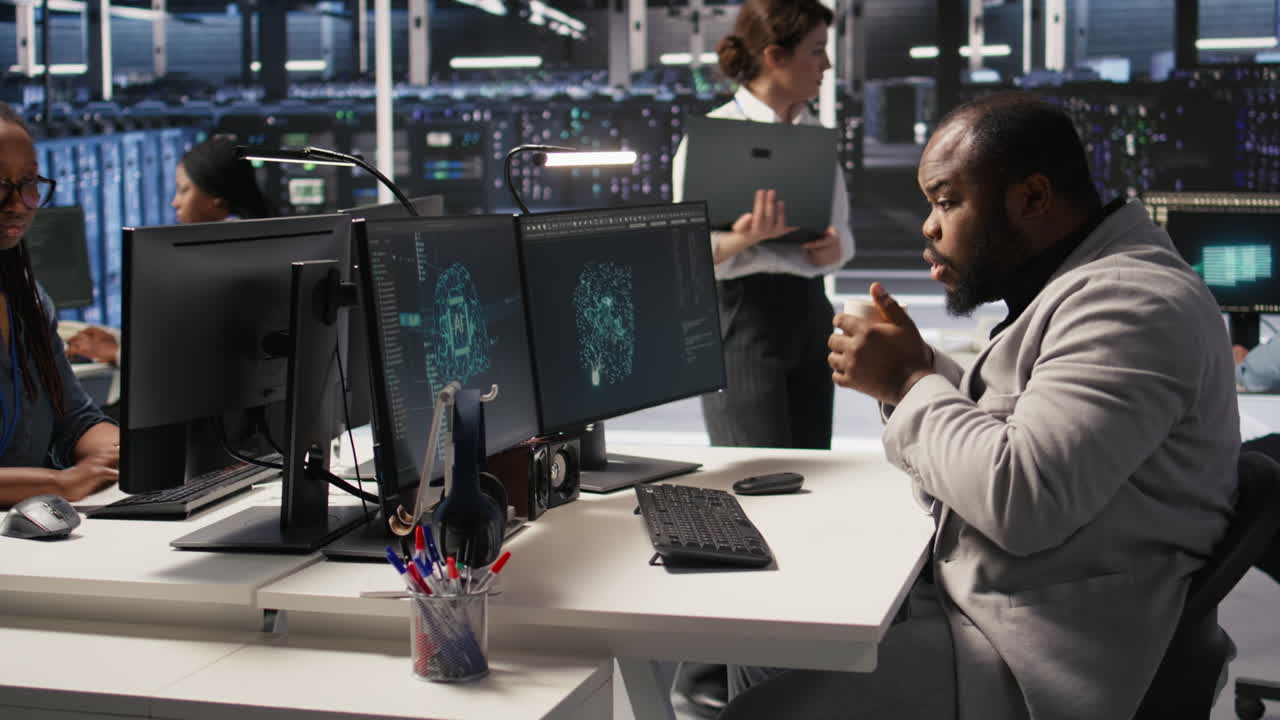 Vertical video Stressed technician in data center managing AI servers, drinking coffee