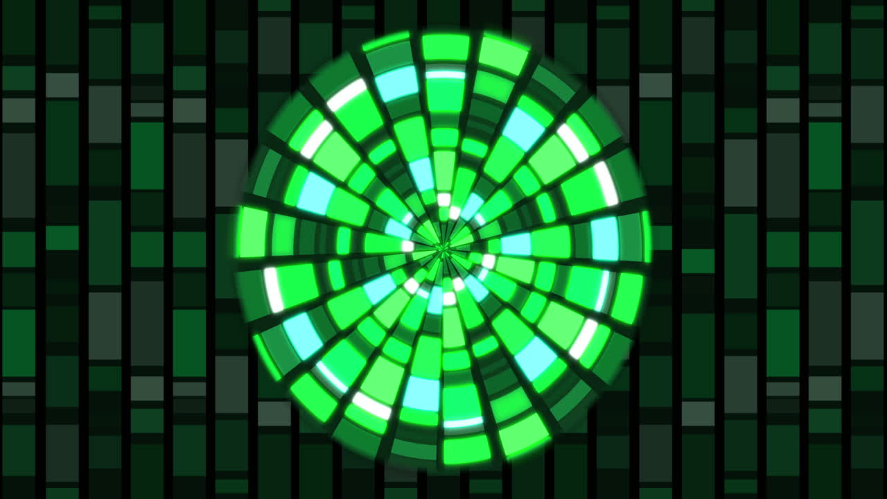 Animation of circle made of rectangles changing colours in shades of green