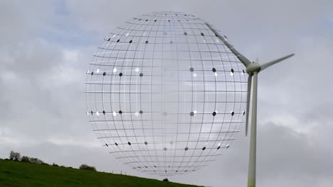 Animation-of-globe-with-points-over-wind-turbine-and-clouds