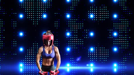 Animation-of-caucasian-female-boxer-over-blue-spotlights