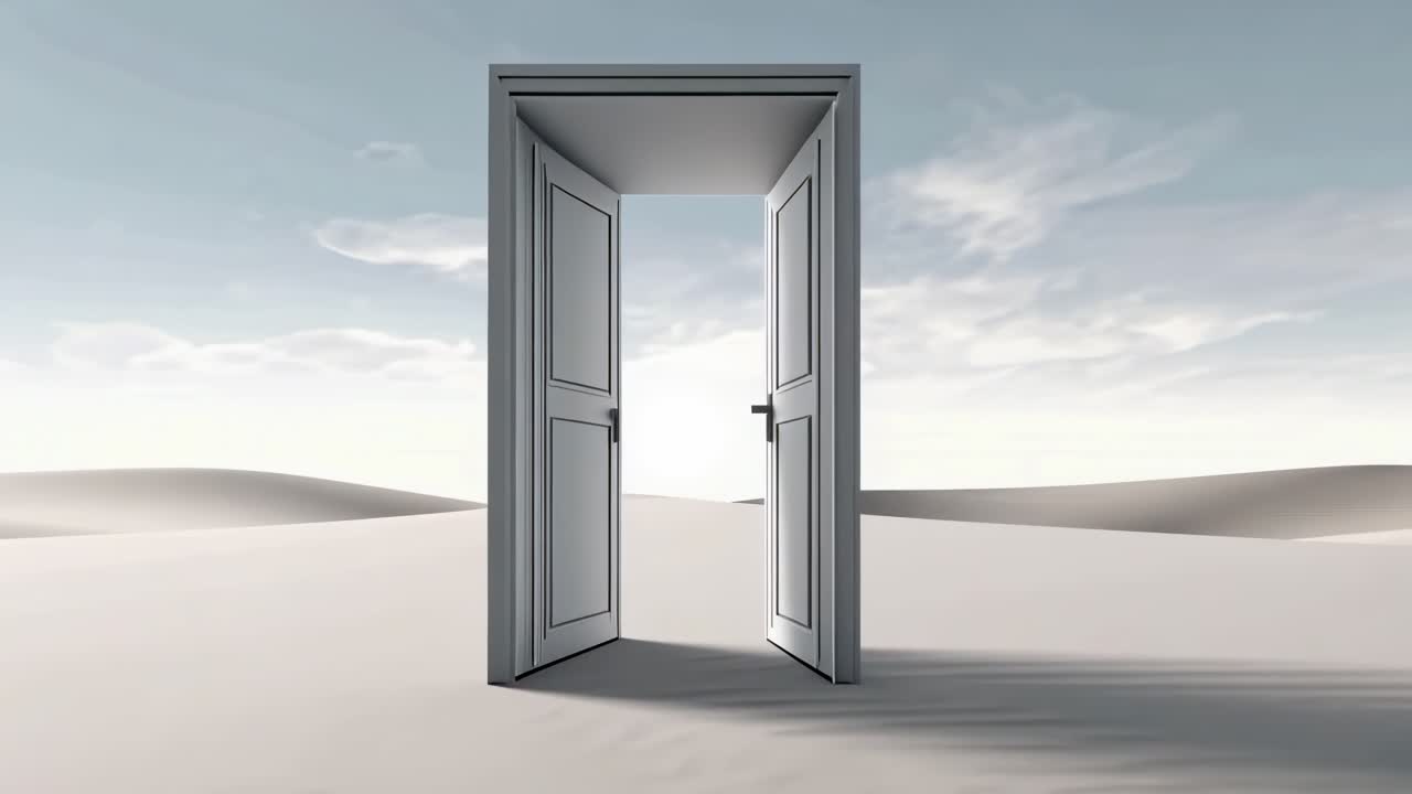 Surreal video concept of an open door in a vast desert landscape