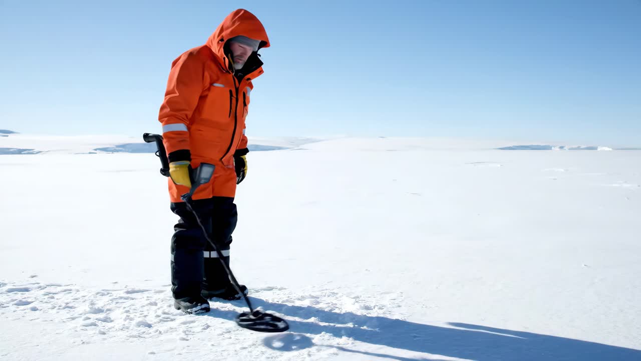 Man using metal detector in snowy landscape