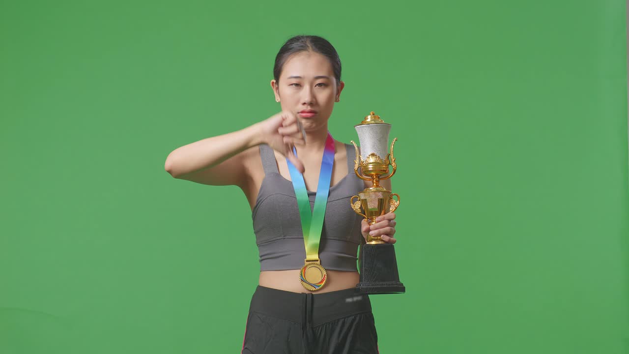 금메달과 트로피를 들고 있는 아시아 여성이 손가락을 아래로 가리키며 스튜디오의 녹색 스크린 배경에서 패배자를 조롱하는 몸짓을 하고 있다.