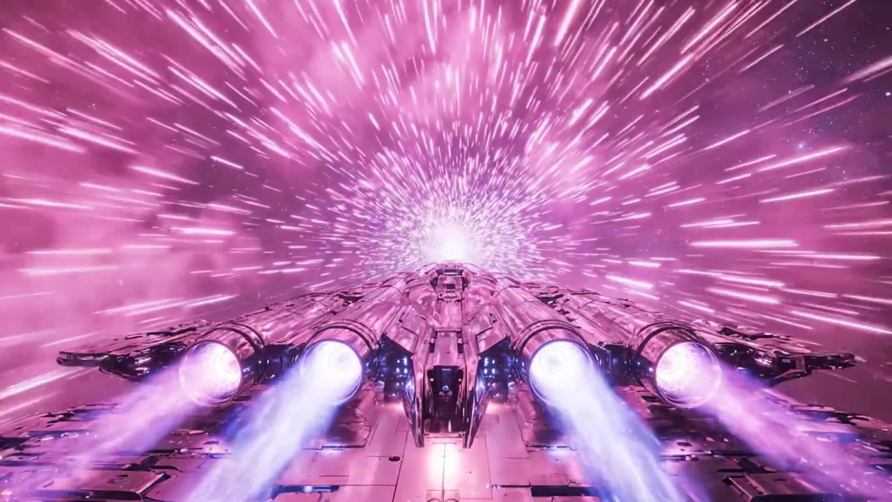 Un viaggio abbagliante attraverso il cosmo si dispiega mentre un'astronave avanzata accelera a velocità di curvatura, lasciando una scia di luce ed energia vibrante al suo passaggio.