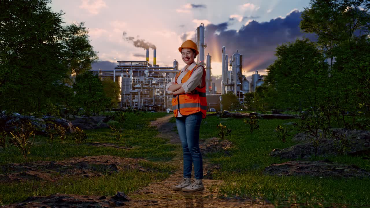 Full Body Side View Of Asian Female Engineer With Safety Helmet Crossing Her Arms And Looking Around While Standing In Front Of Oil Refinery