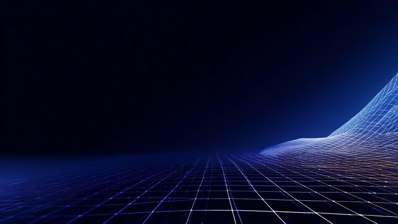 A captivating digital landscape showcasing a dynamic grid pattern against a deep blue background, illustrating the flow of technology and innovation in a visually striking manner