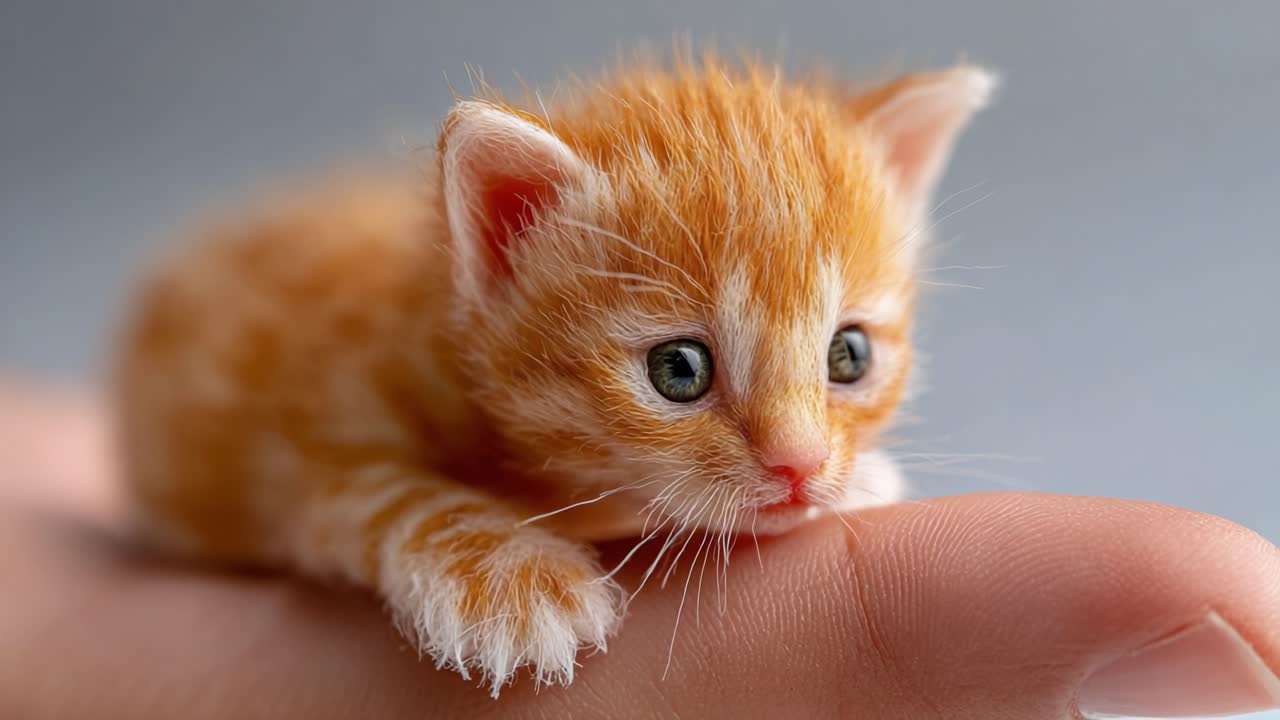 Cute Orange Kitten Resting on a Hand: A Heartwarming Moment Capturing the Innocence and Charm of a Young Feline in a Cozy Setting