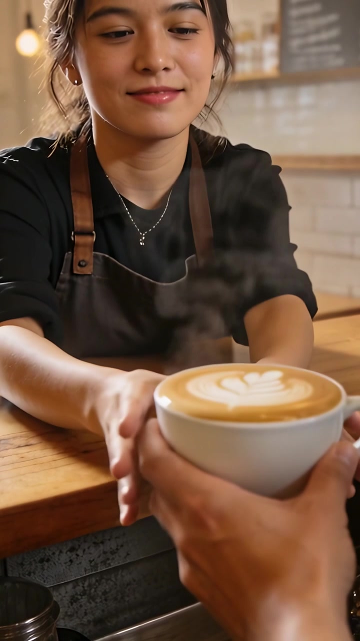 Video verticale: Barista con grembiule marrone che versa, creando latte art con una lattiera in un caffè, consegnando una tazza.