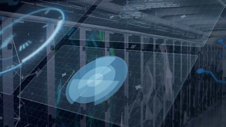 Processing data with futuristic animation over servers in technology facility