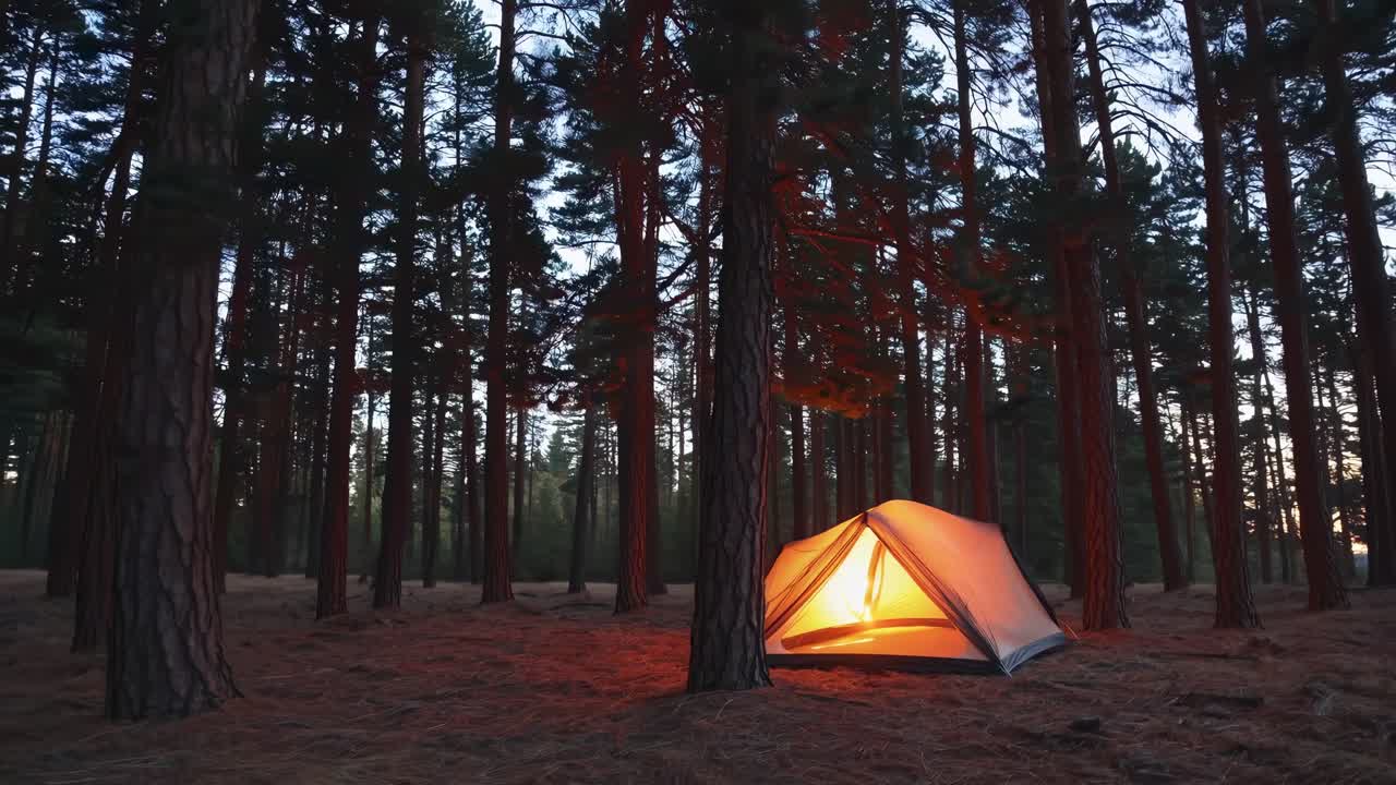 해가 지면 숲에서 캠핑하는 것